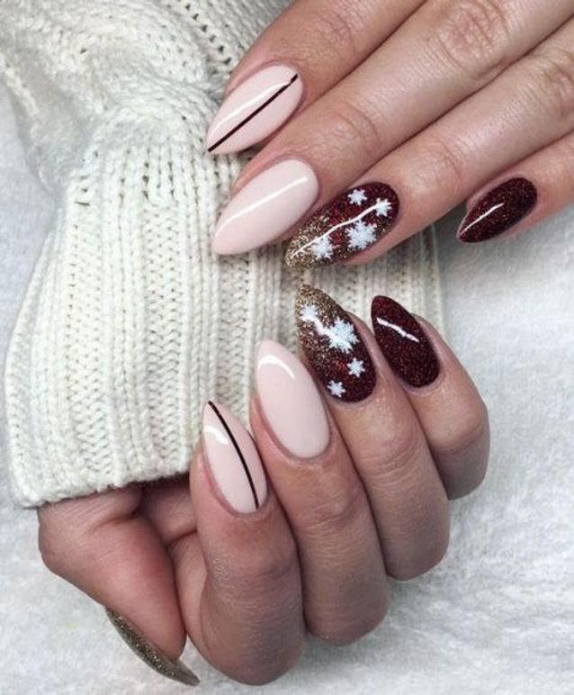 Deep Red Glitter Snowflake Almond Nails Deep Red Glitter Snowflake Almond Nails β Classy Christmas Nails 2026