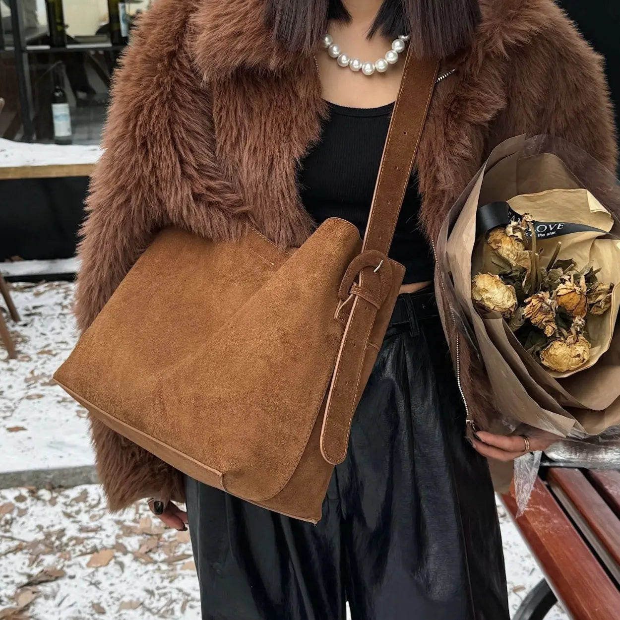 Luxurious Brown Faux Fur Coat with Suede Crossbody Bag Luxurious Brown Faux Fur Coat with Suede Crossbody Bag β Chocolate Brown Outfits