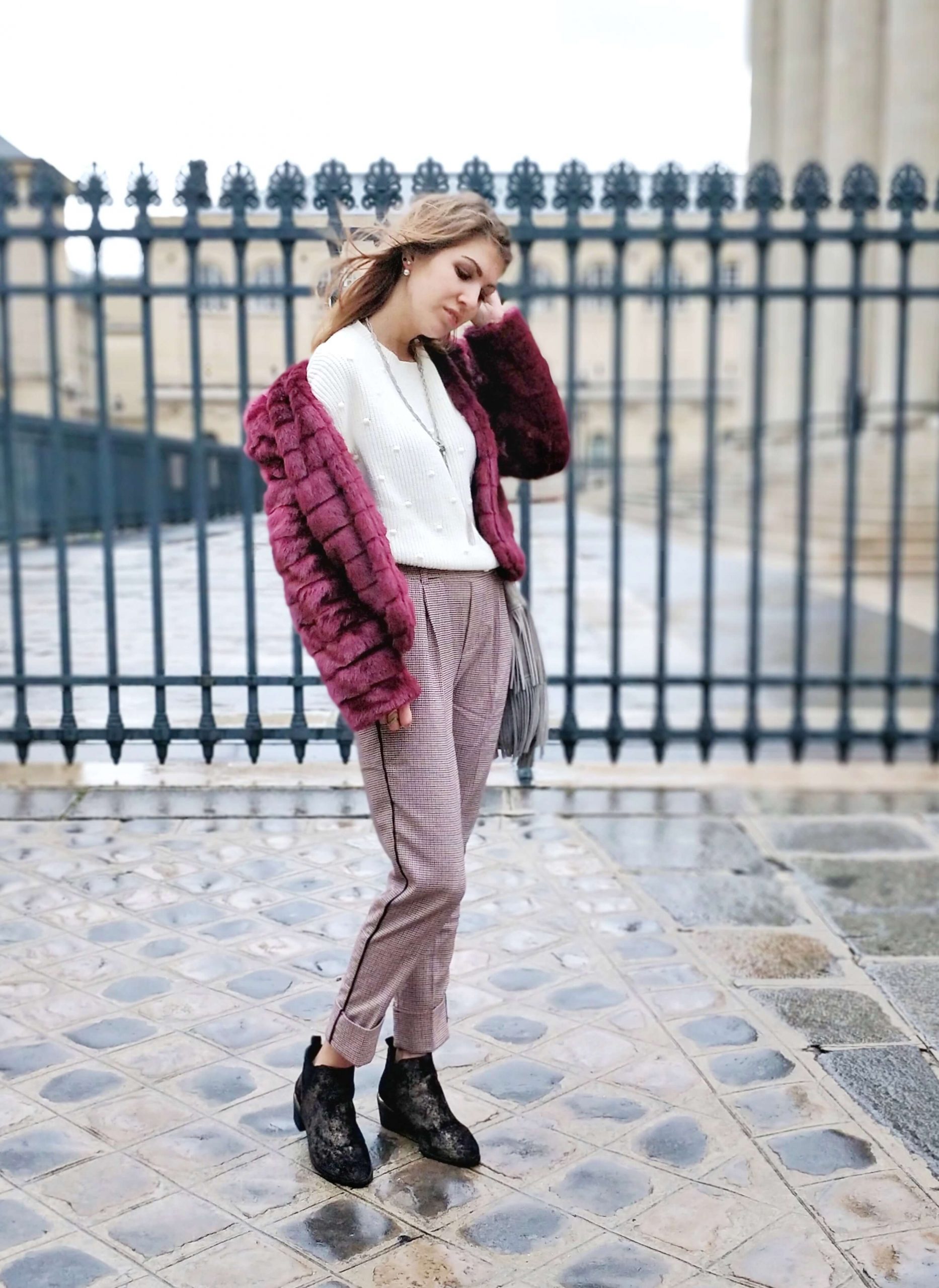 Vibrant Pink Faux Fur Jacket with Checked Trousers Vibrant Pink Faux Fur Jacket with Checked Trousers โ Faux Fur Coat Outfits