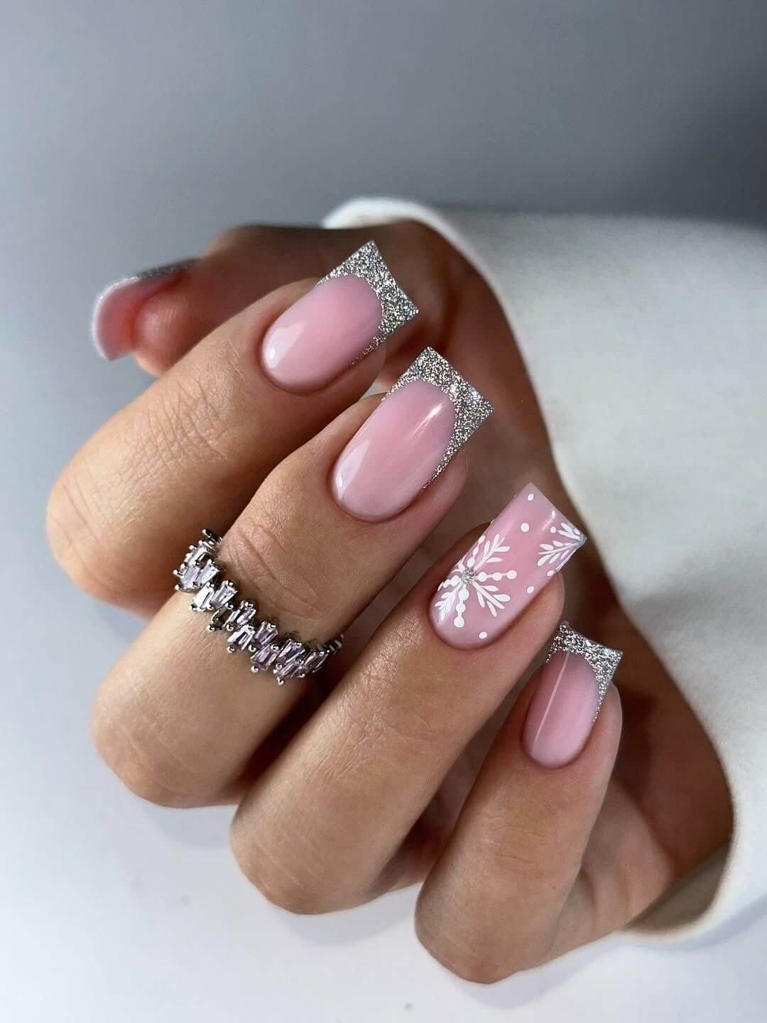 Glitter French Snowflake Medium Square Nails Glitter French Snowflake Medium Square Nails β Winter Party Nails