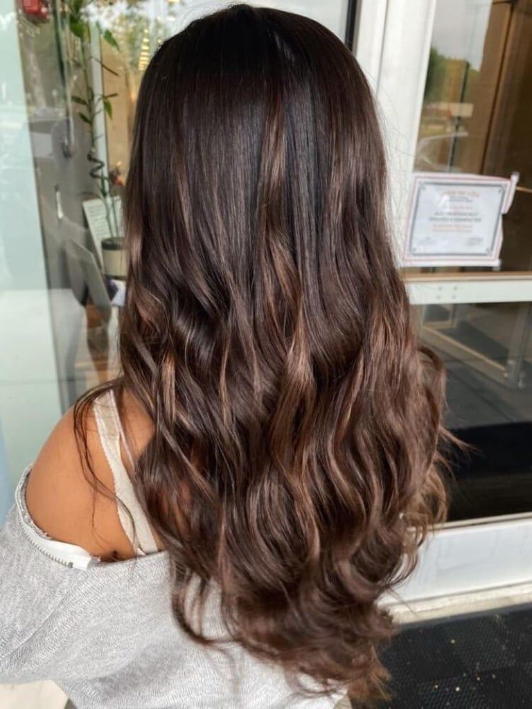 Mid-Back Dark Brown With Honey Dimension — Winter Hair Colors for Blue Eyes