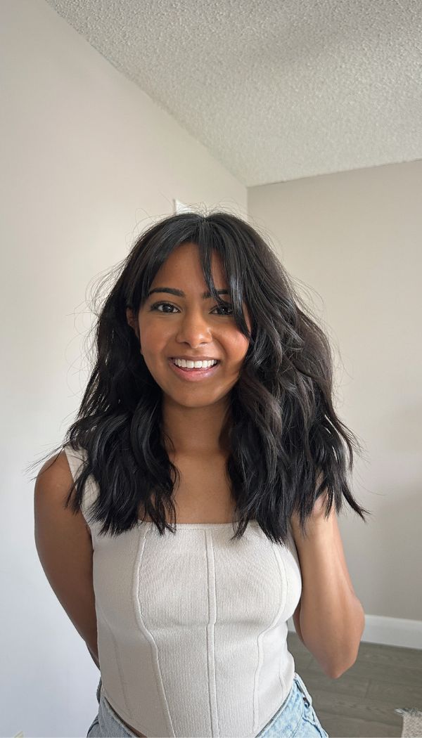 Layered Lob With Curtain Bangs Layered Lob With Curtain Bangs β Winter Haircuts for Heart Shaped Faces
