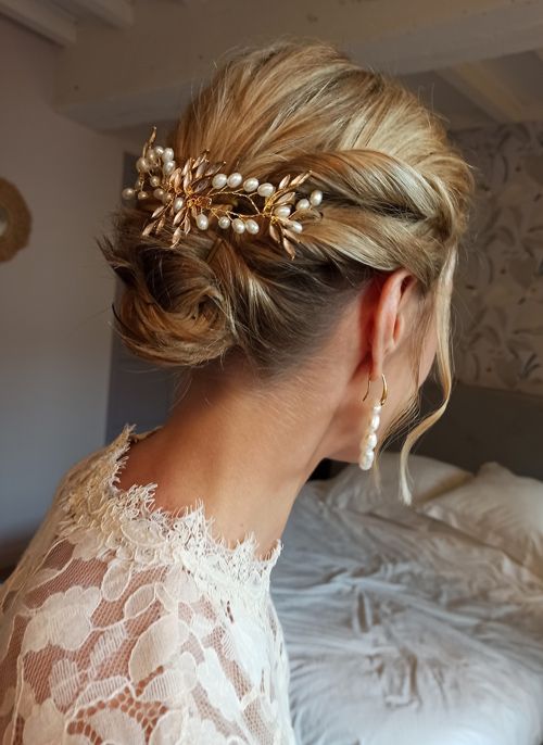 Blonde Twisted Updo with Gold Accessory — Winter Wedding Hairstyles