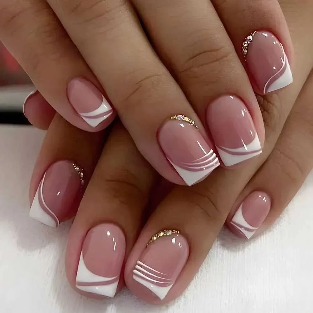 French Tips with White Lines & Gold Rhinestones French Tips with White Lines & Gold Rhinestones β New Years Square Nails 2027