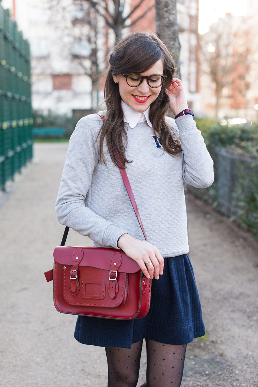 Quilted Sweater and Polka Dot Tights for a Playful Look Quilted Sweater and Polka Dot Tights for a Playful Look β Winter College Outfits