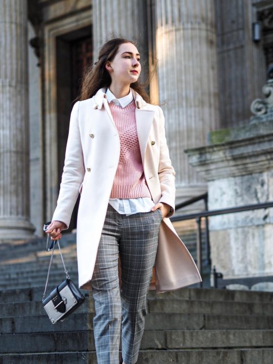 Cream Double-Breasted Coat with Pink Knit Sweater — Late Winter Outfits