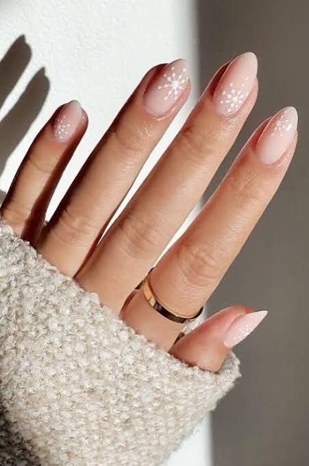 Sheer Pink Nude with Snowflakes — Winter Nude Nails