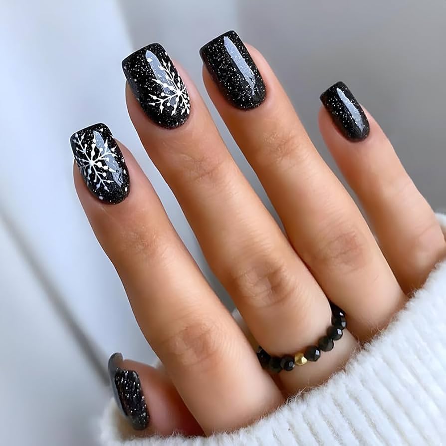 Black Glitter Snowflake Nails — Short Winter Square Nails