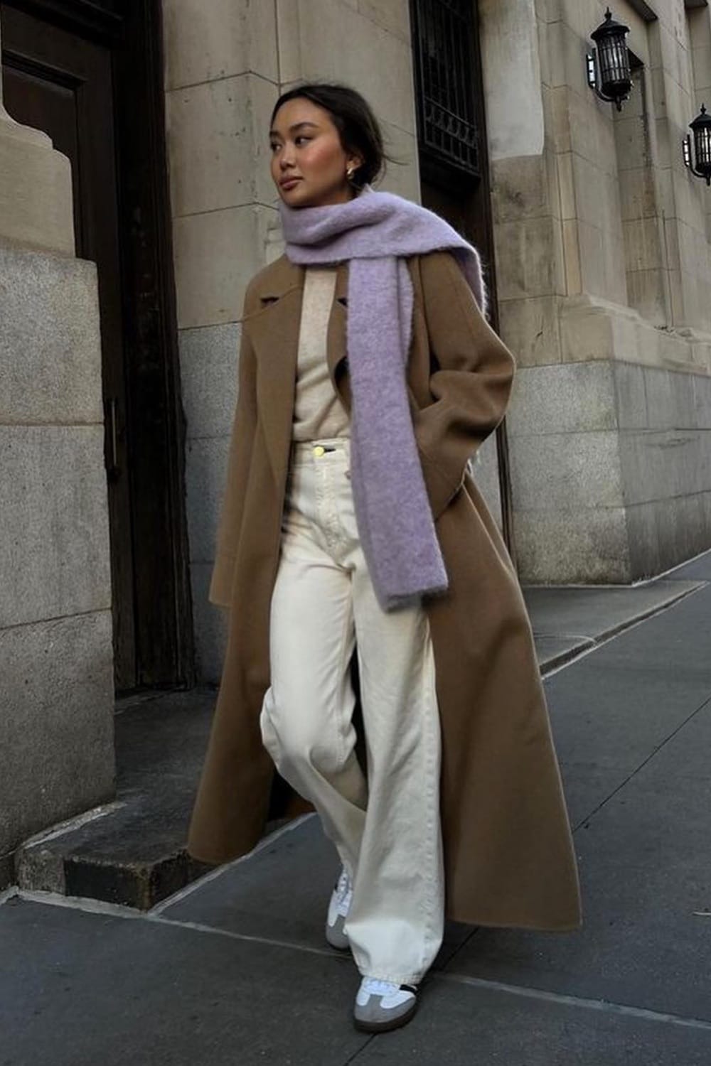 Long Camel Coat with Lavender Scarf Long Camel Coat with Lavender Scarf β Colorful Winter Outfits