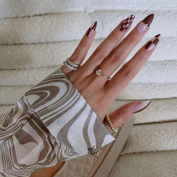 Brown Nude Checkerboard Square Brown Nude Checkerboard Square β Long Winter Nails