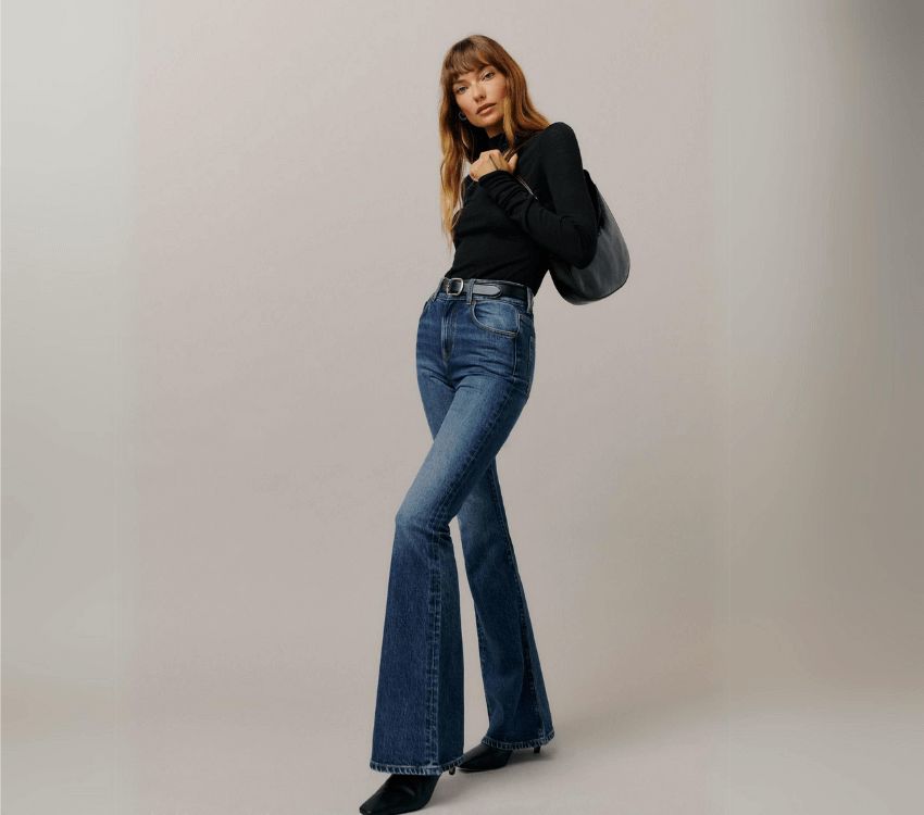 Urban Edge: Dark Wash Denim Flare Jeans with Turtleneck and Moto Jacket — Flare Leggings Outfits