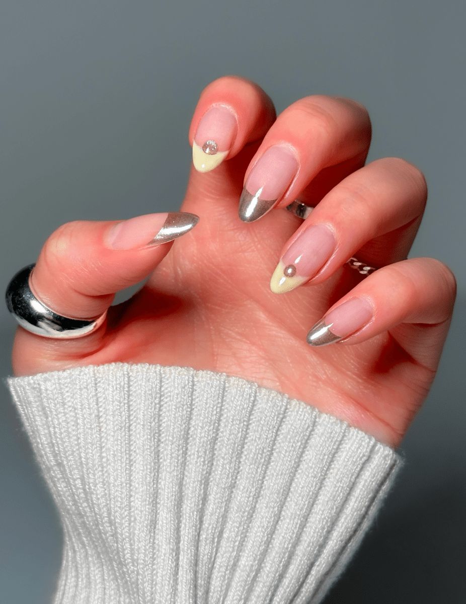 Nude Base Chrome French with Dot — Silver Chrome Nails