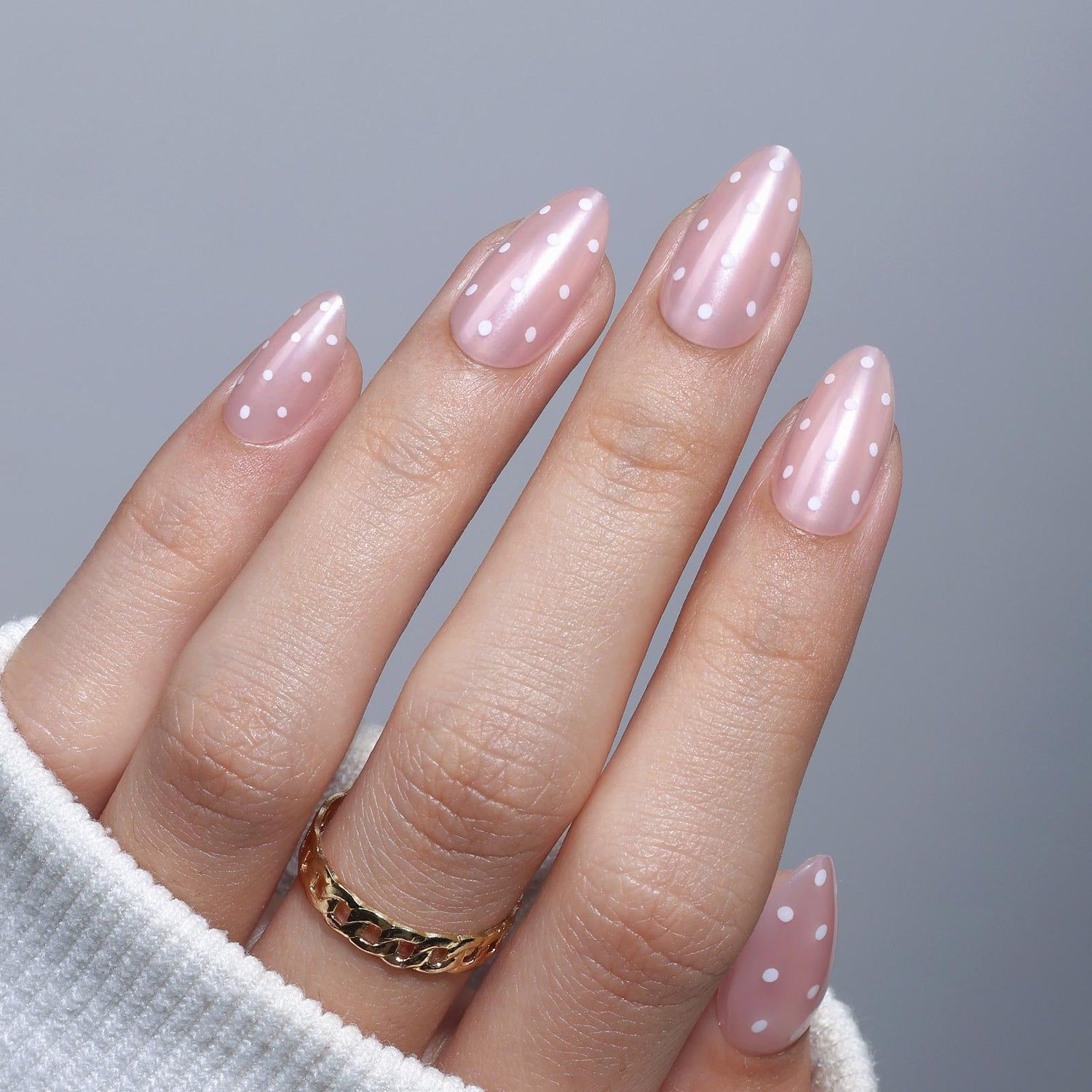 Playful Polka Dot Sheer Pink Almonds Playful Polka Dot Sheer Pink Almonds β Winter Birthday Nails