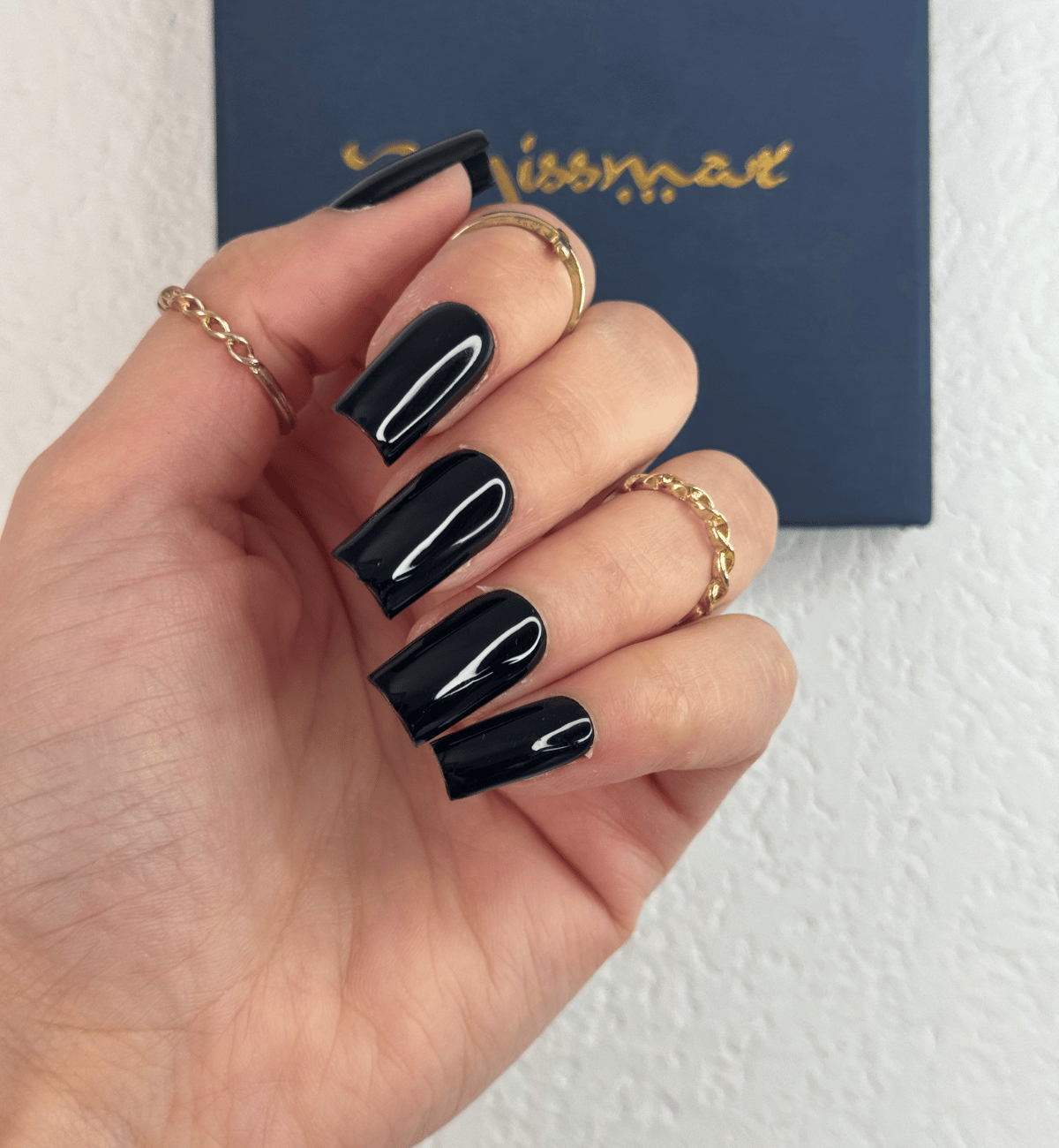 Sharp Glossy Black Medium Square Nails — Winter Black Nails