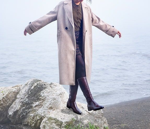 Dark Brown Knee-High Boots with Beige Coat and Olive Shirt — Brown Boots Outfits