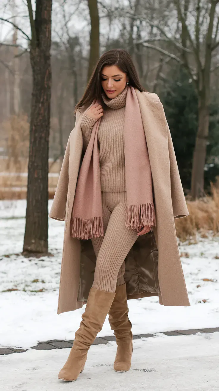 Long Grey Wool Coat with Tan Ankle Boots — Snow Day Outfits