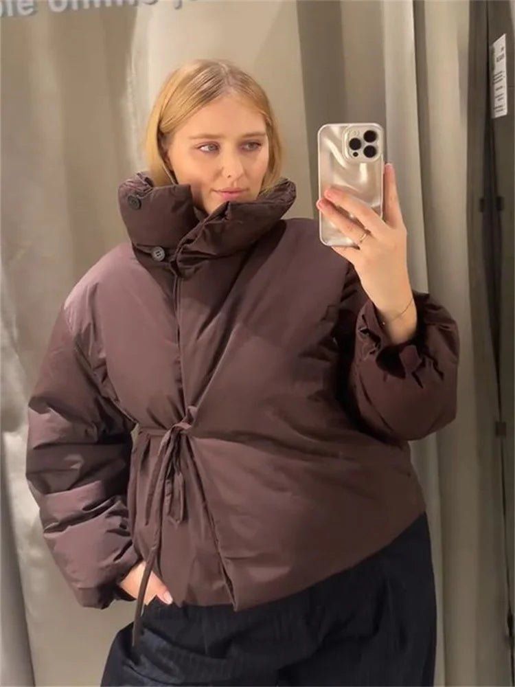 Brown Puffer Jacket with Unique Tie-Front Closure — Winter Jackets for Women