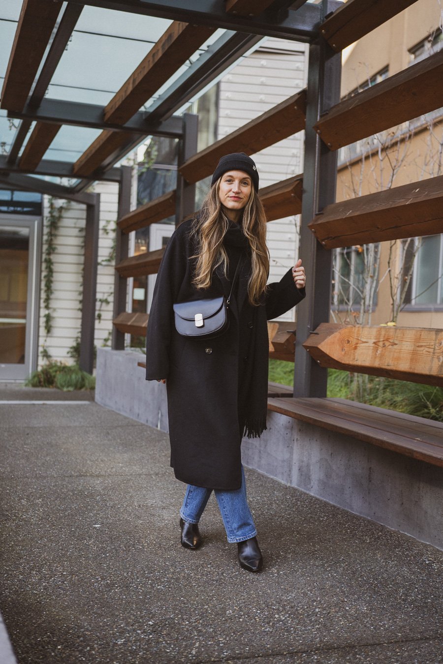 Monochromatic Black Outfit with Oversized Coat and Beanie — January Outfits