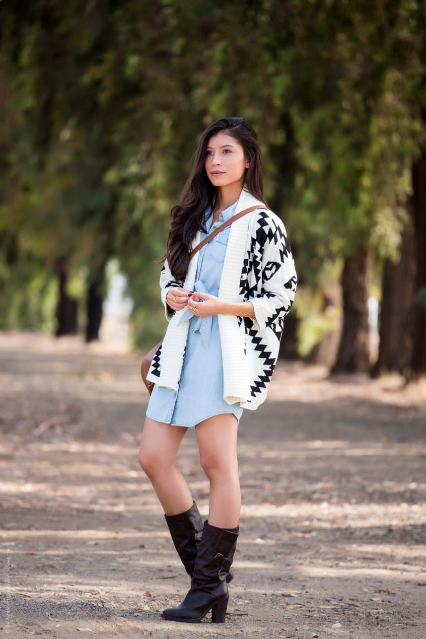 Geometric Pattern Cardigan Over Denim Shirt Dress Geometric Pattern Cardigan Over Denim Shirt Dress โ Cardigan Outfits