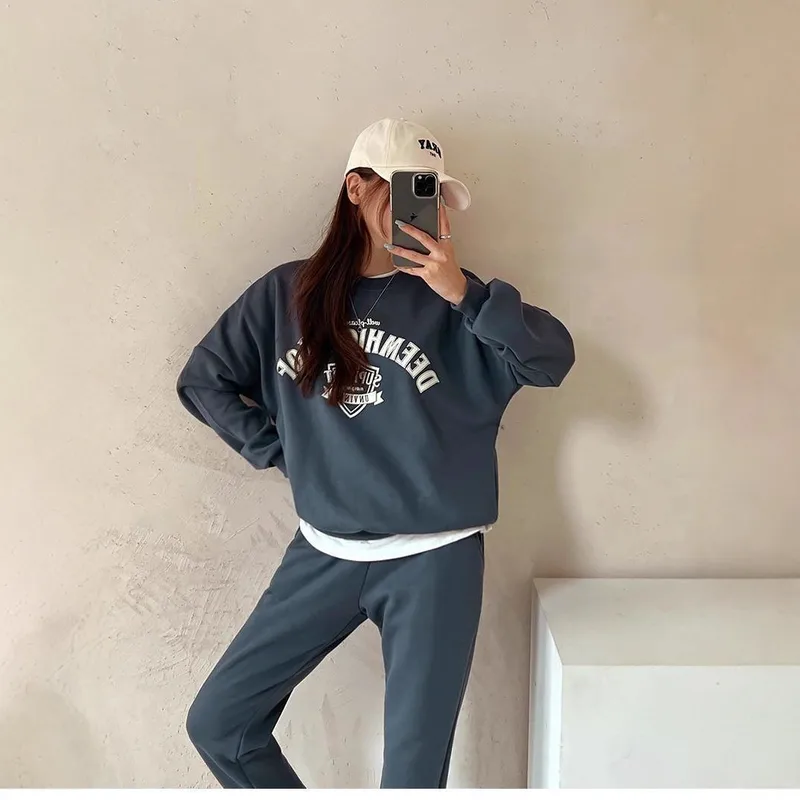 Oversized Graphic Sweatshirt Loungewear Set — Korean Winter Outfits