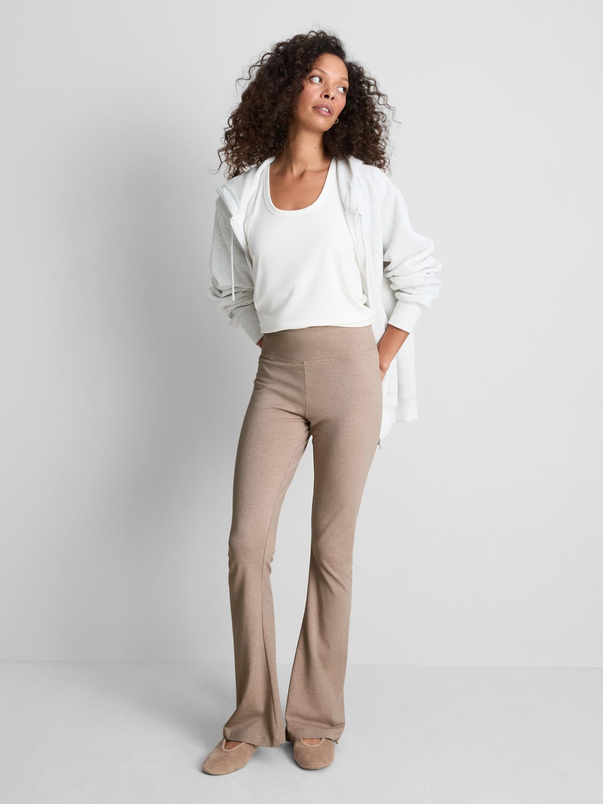 Comfortable Athleisure: Beige Flare Leggings with Tank and Cardigan — Flare Leggings Outfits