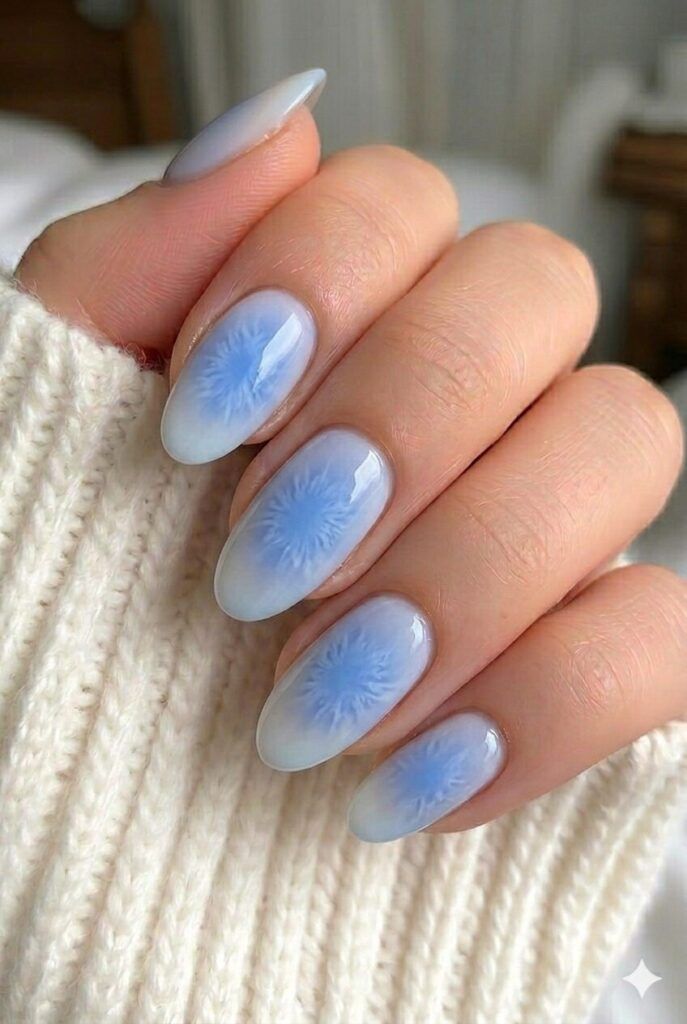 Pale Blue to White Gradient with Raised Snowflake Pale Blue to White Gradient with Raised Snowflake β Winter Aura Nails
