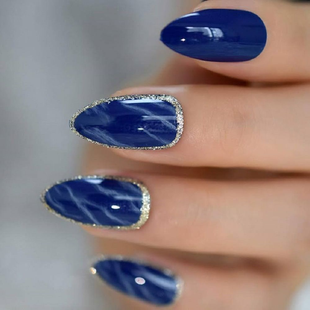 Navy Blue with Gold Glitter French Tips Medium Almond Nails Navy Blue with Gold Glitter French Tips Medium Almond Nails β Navy Blue Nails