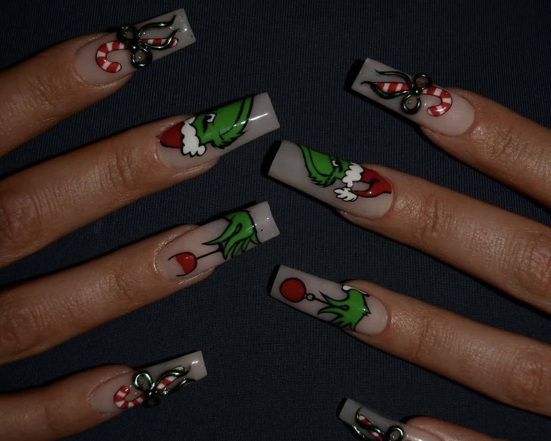 Clear Base Grinch Face and Candy Cane Clear Base Grinch Face and Candy Cane β Grinch Nails 2026