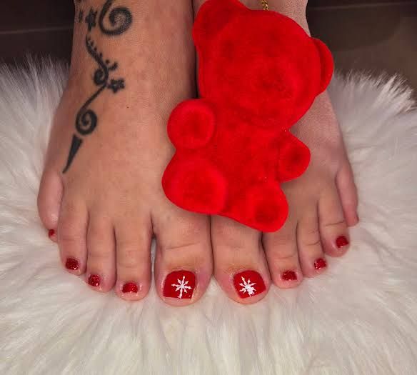 Glossy Red with Snowflake Accents — Winter Toe Nails