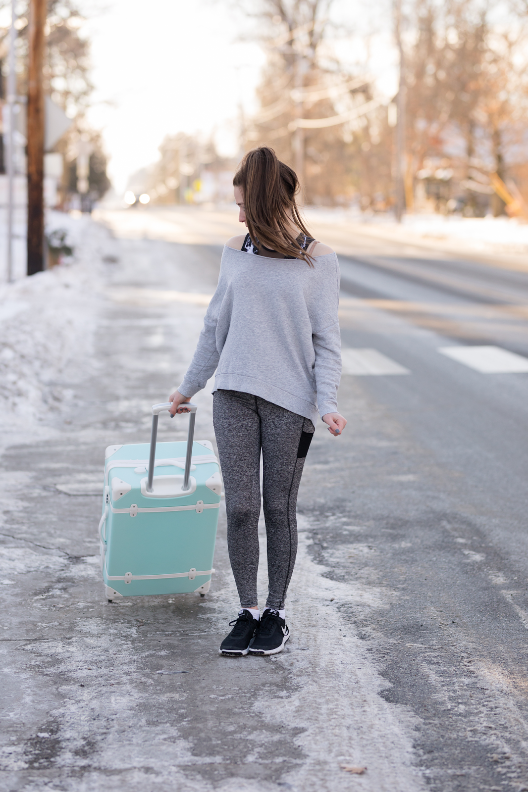 Off-the-Shoulder Sweatshirt for Athleisure Travel — Winter Travel Outfits