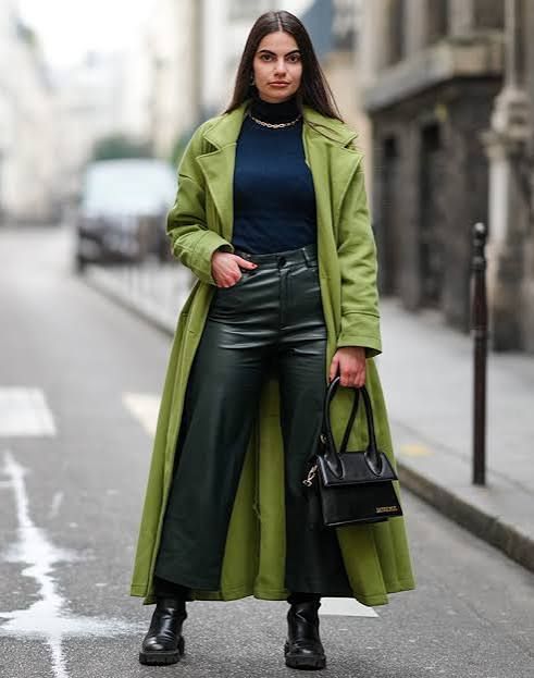 Green Trench Coat Adds Sophistication to Leather Pants — February Outfits