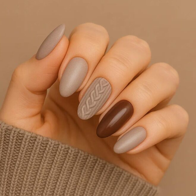 Cozy Matte Neutral Cable Knit Almond Cozy Matte Neutral Cable Knit Almond β Winter Ombre Nails