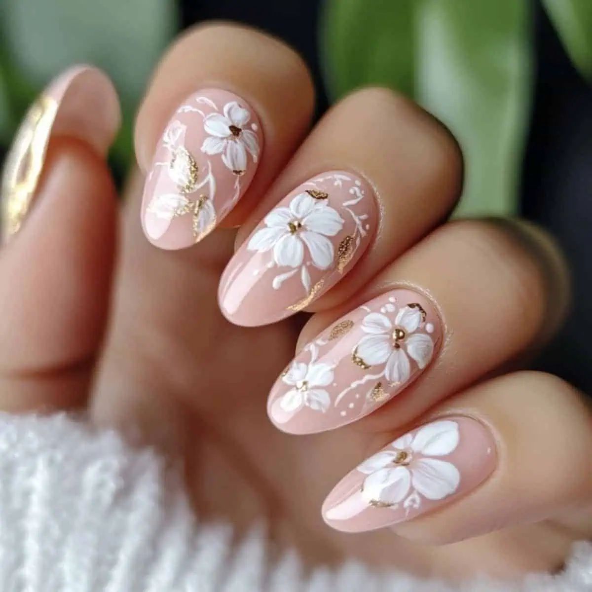 Pale Pink 3D Flowers with Gold Leaf Pale Pink 3D Flowers with Gold Leaf β Winter to Spring Transition Nails