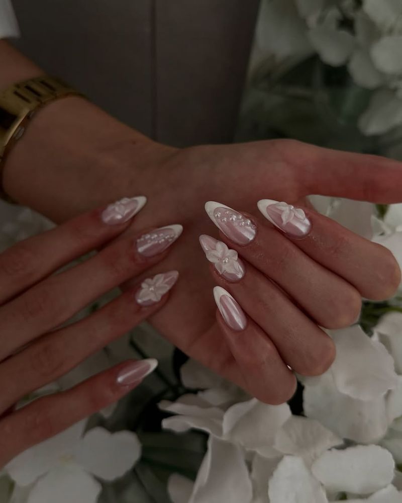 3D Floral Pearl French Almond Nails 3D Floral Pearl French Almond Nails β New Years French Tip Nails 2027
