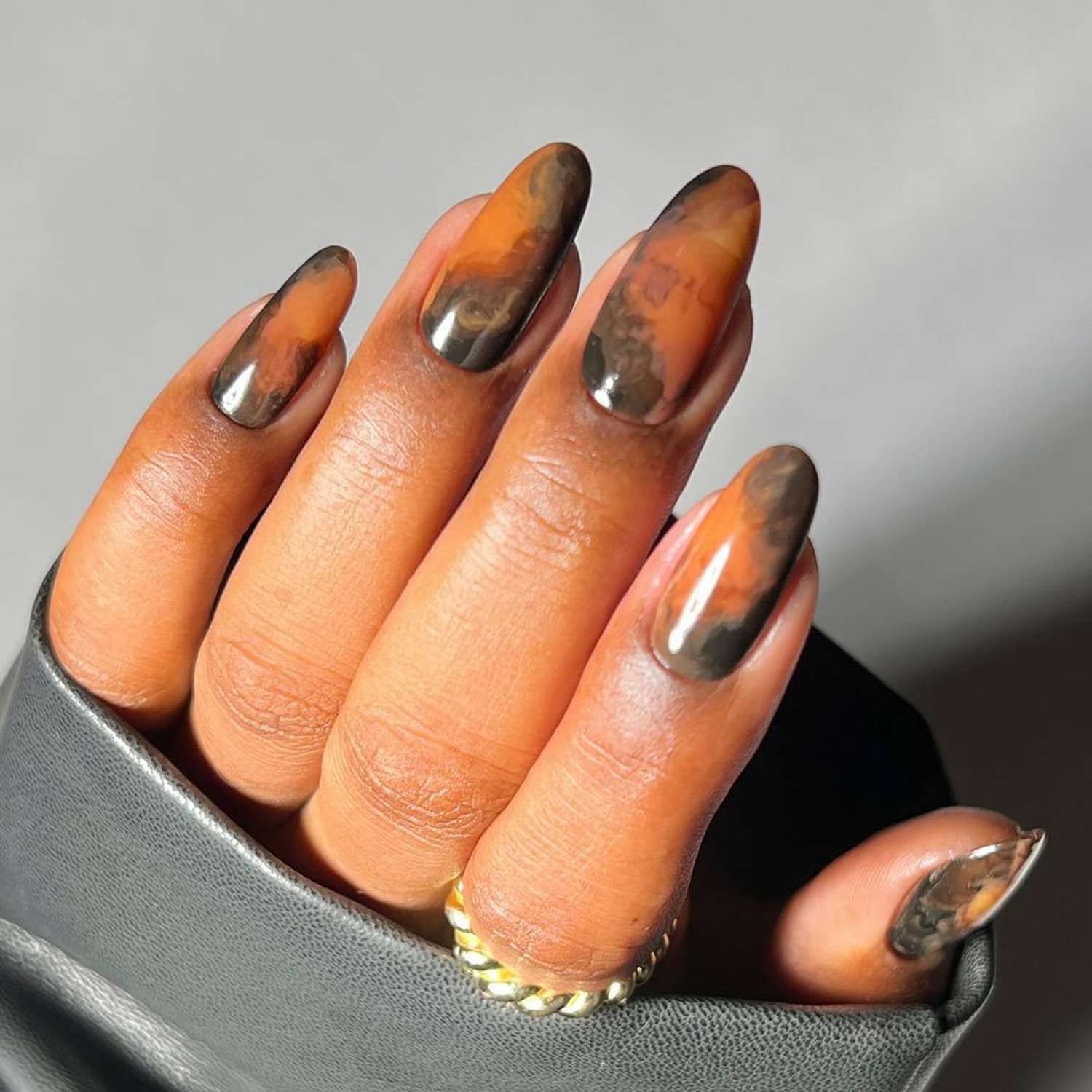 Orange Brown Black Marble Almonds — Winter Marble Nails