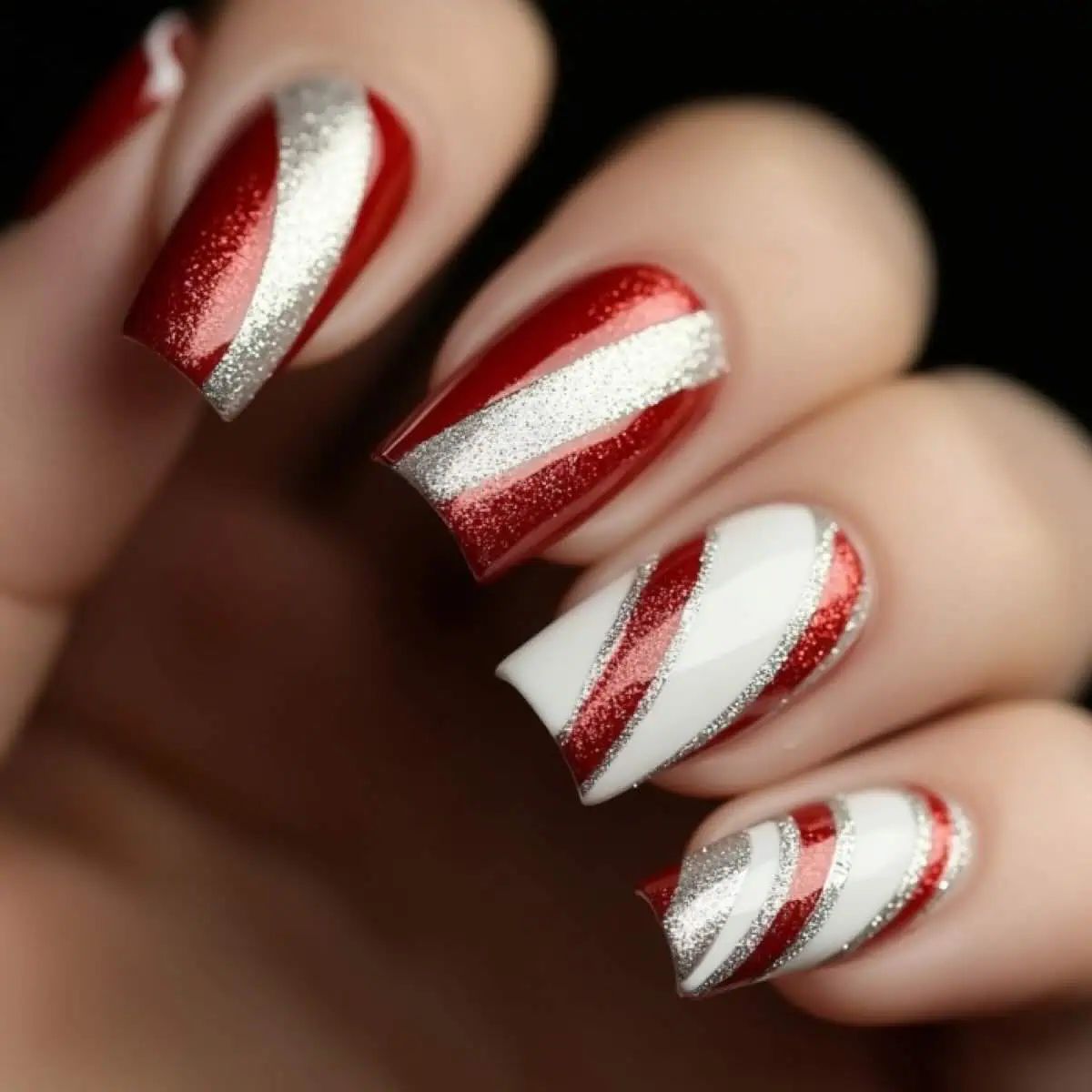 Diagonal Candy Cane Stripe Nails — Christmas Nail Designs 2026