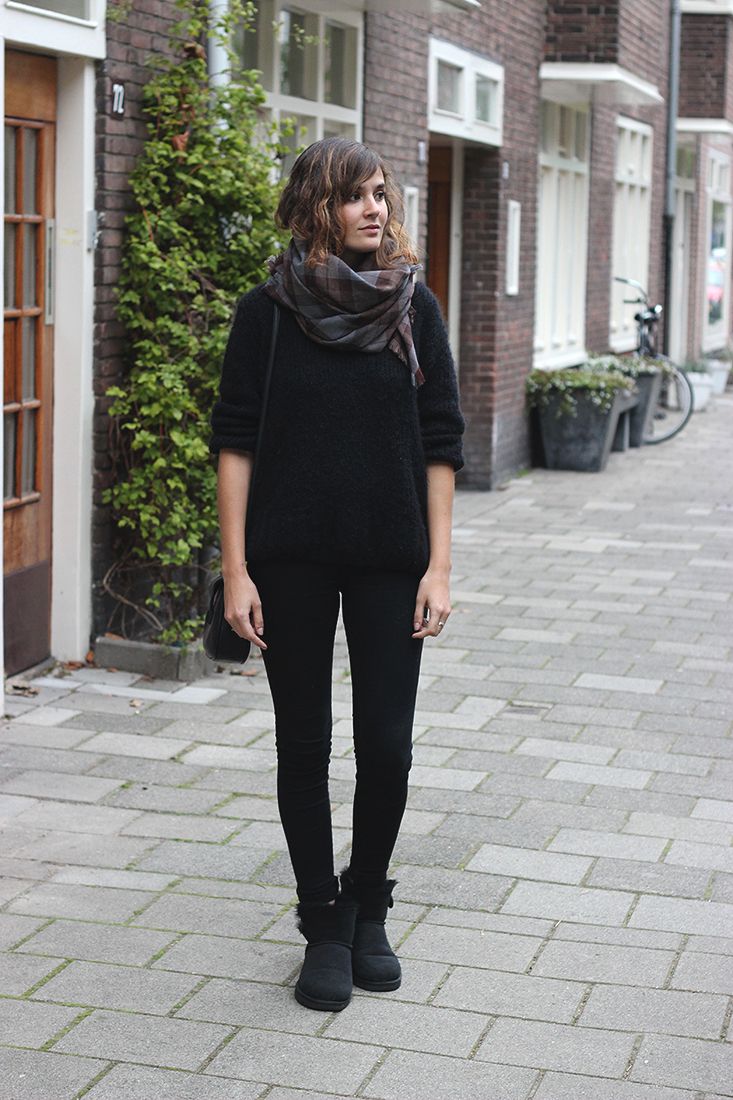 Monochromatic Black Outfit with Plaid Scarf — Ugg Boots Outfits