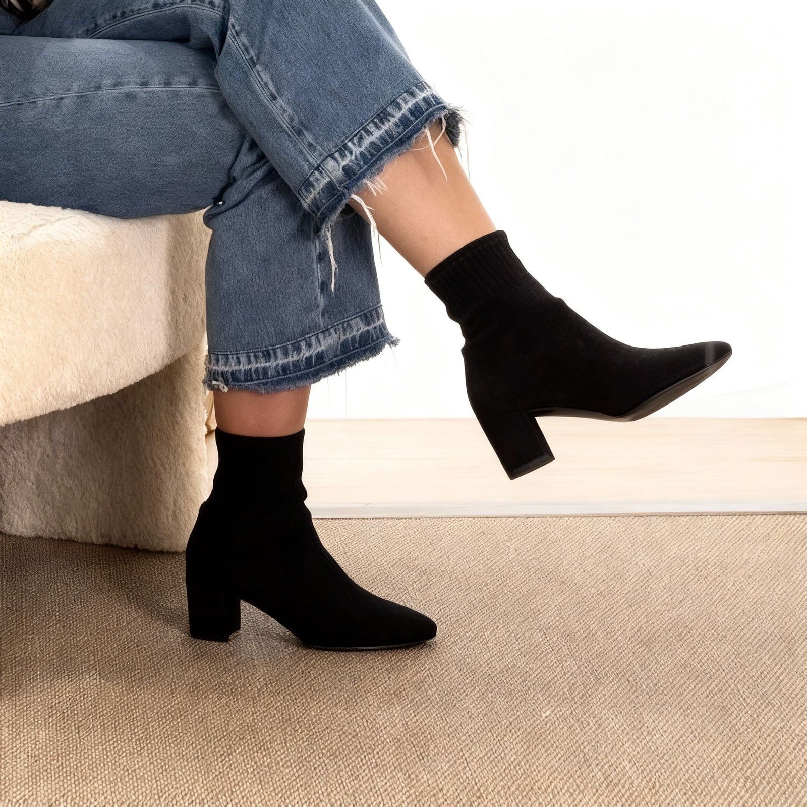 Sharp Tailoring: Black Suede Ankle Boots with Wide-Leg Trousers Sharp Tailoring: Black Suede Ankle Boots with Wide-Leg Trousers โ Suede Boots Outfits