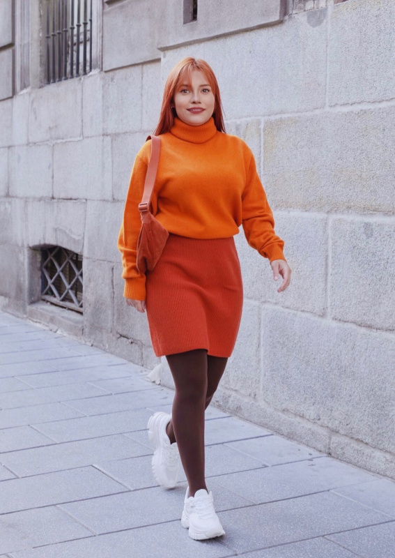 Monochromatic Orange Turtleneck and Mini Skirt Set — Turtleneck Outfits
