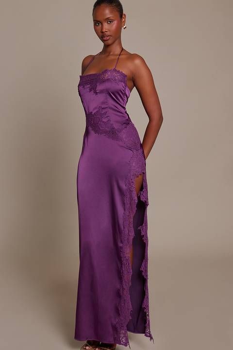 Deep Purple Satin Maxi Dress with Lace Trim Slit — Royal Purple Outfits