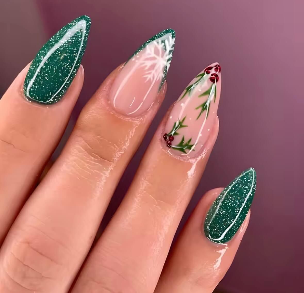 Glitter Green Snowflake Pine Branch Nails Glitter Green Snowflake Pine Branch Nails β Green Christmas Nails 2026