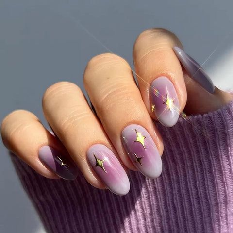 Purple to White Gradient with Gold Stars Purple to White Gradient with Gold Stars β Winter Aura Nails