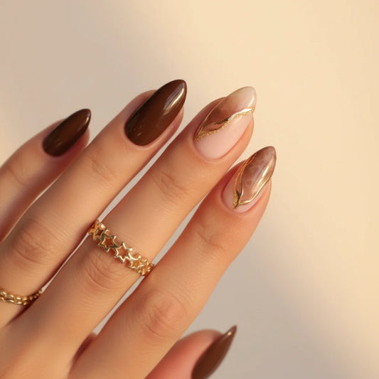 Matte Brown Marble Gold Leaf Almonds Matte Brown Marble Gold Leaf Almonds โ Winter Almond Nails