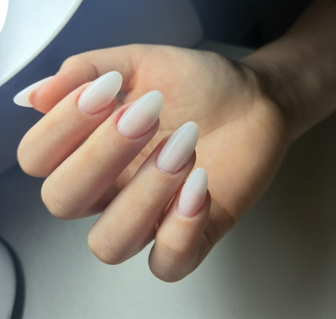 Milky OmbrΓ© Almonds Milky OmbrΓ© Almonds β Clean Girl Winter Nails