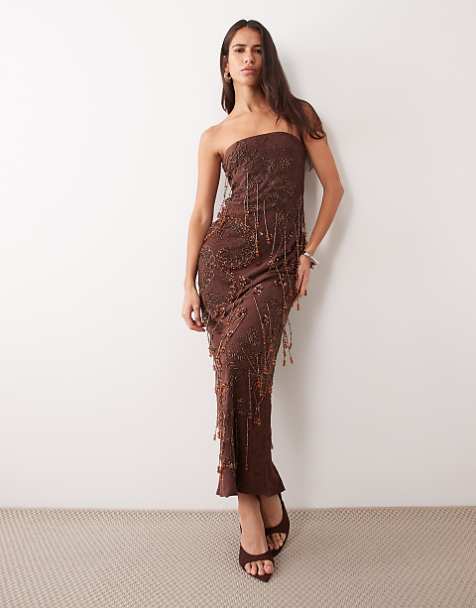 Strapless Brown Dress with Beaded Fringe Details Strapless Brown Dress with Beaded Fringe Details β Chocolate Brown Outfits