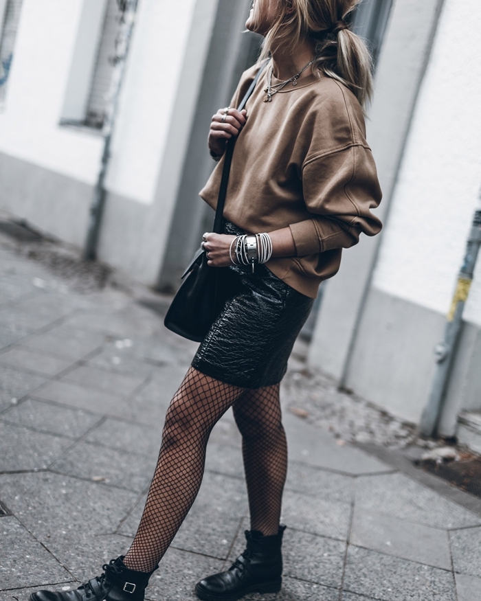 Fishnet Tights with Patent Mini Skirt and Combat Boots Fishnet Tights with Patent Mini Skirt and Combat Boots β Tights Outfits