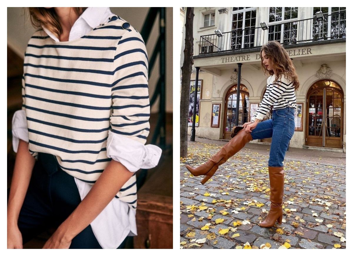 Brown Heeled Boots with Striped Sweater and Collared Shirt — Brown Boots Outfits