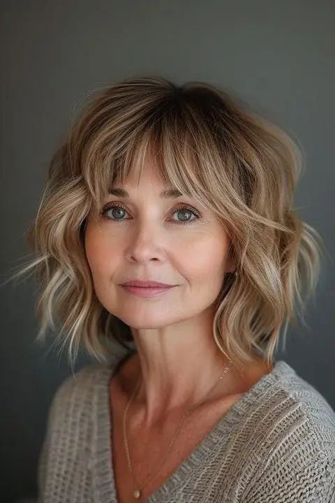 Wavy Bob with Curtain Bangs — Winter Haircuts for Women Over 40