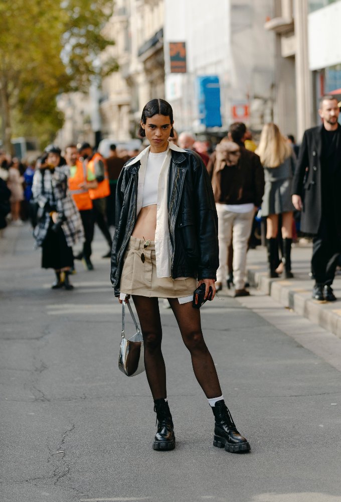 Youthful Edge: Leather Jacket, Mini Skirt, and Chunky Combat Boots with Sheer Tights Youthful Edge: Leather Jacket, Mini Skirt, and Chunky Combat Boots with Sheer Tights β Combat Boots Outfits