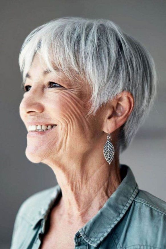 Layered Cut With Wispy Silver Grey Bangs — Winter Haircuts for Women Over 60